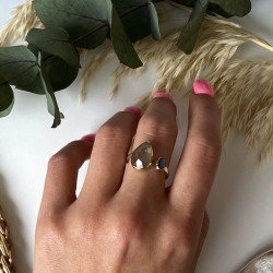 Bague argent doré GOUTTES - Anneau ouvert, Prehnite & Labradorite TAILLE 54