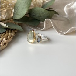Bague argent doré GOUTTES - Anneau ouvert, Prehnite & Labradorite TAILLE 54