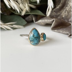 Bague argent doré GOUTTES - Anneau ouvert & Turquoises TAILLE 54