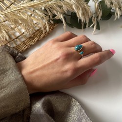 Bague argent doré GOUTTES - Anneau ouvert & Turquoises TAILLE 54