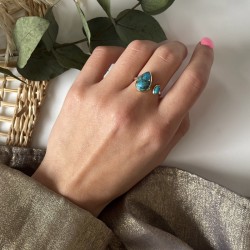 Bague argent doré GOUTTES - Anneau ouvert & Turquoises TAILLE 54