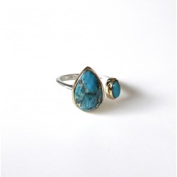 Bague large argent doré DROP - Anneau ouvert, Turquoise goutte, Turquoise ronde - CANYON