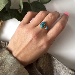 Bague argent doré GOUTTES - Anneau ouvert & Turquoises TAILLE 54