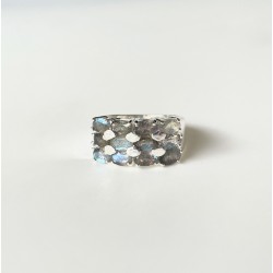 Bague large argent ANTIQUE Pavage rectangle - 12 Labradorites navettes TAILLE 52