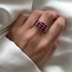 Bague large argent ANTIQUE Pavage rectangle - 12 Rubis Indiens TAILLE 54