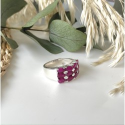 Bague large argent ANTIQUE Pavage rectangle - 12 Rubis Indiens TAILLE 54