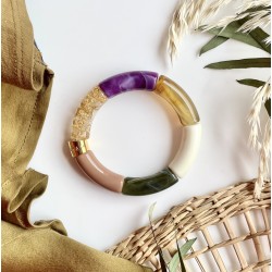 Bracelet jonc élastiqué doré PIPOCA HIBISCO 2 - Taupe vert & violet