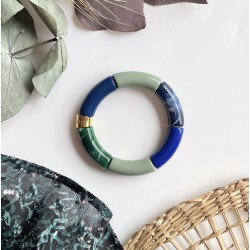 Bracelet jonc élastiqué doré PIPOCA MARINHO 1 - Bleu vert & blanc
