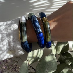 Bracelet jonc élastiqué doré PIPOCA MARINHO 2 - Bleu vert & blanc