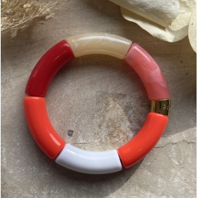 Bracelet jonc élastiqué PIPOCA BEIJA-FLOR 1 - Rose rouge corail & blanc PARABAYA