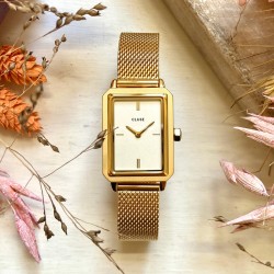 Montre Fluette, couleur or, cadran rectangle blanc & bracelet milanais