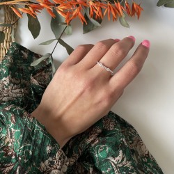 Bague fine en Argent - Anneau mini boules & Deux zircons blancs TAILLE 56