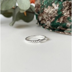 Bague fine en Argent - Anneau mini boules & Deux zircons blancs TAILLE 56