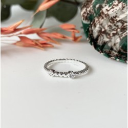 Bague fine en Argent - Anneau mini boules & Deux zircons blancs TAILLE 56