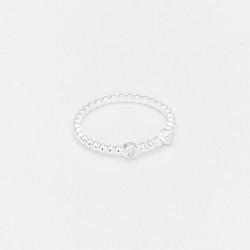 Bague fine en Argent - Anneau mini boules & Deux zircons blancs TAILLE 56