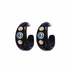 Boucles d'oreilles créoles AMELITA Or - Cabochon nacré & résine noire - SATELLITE
