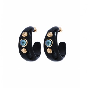 Boucles d'oreilles créoles AMELITA Or - Cabochon nacré & résine noire - SATELLITE