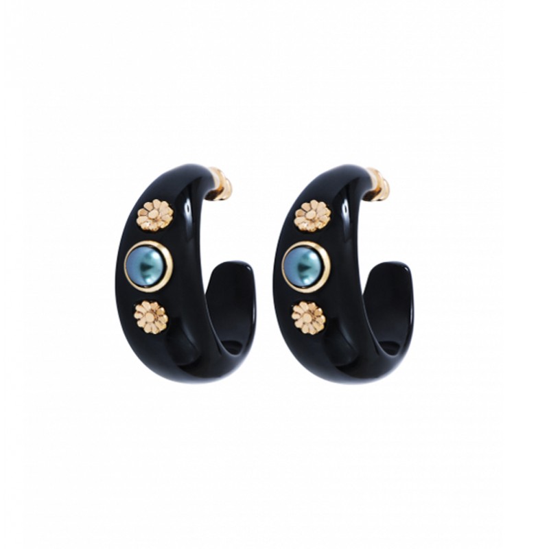 Boucles d'oreilles créoles AMELITA Or - Cabochon nacré & résine noire - SATELLITE Boucles d'oreilles créoles AMELITA Or - Cabochon nacré & résine noire - SATELLITE