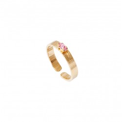 Bague fine ajustable SOLEIL dorée - Anneau strié & Cristal prestige rose - SAATELLITE