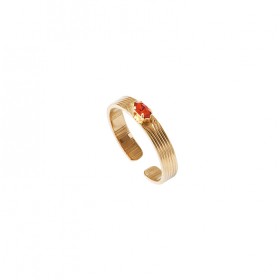 Bague fine ajustable SOLEIL dorée - Anneau strié & Cristal prestige rouge - SATELLITE