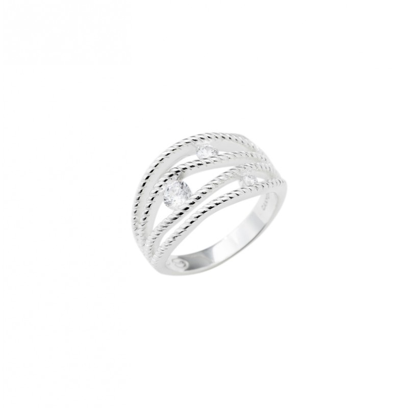 Bague large en Argent - Quatre anneaux striés & Trois zircons blancs CANYON BIJOUX