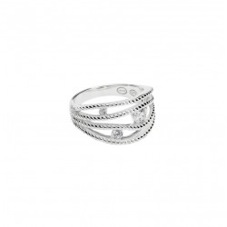 Bague large en Argent - Quatre anneaux striés & Trois zircons blancs TAILLE 58