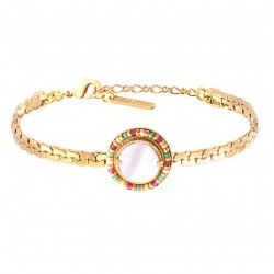 Bracelet Chaîne CLAUDIA doré - Nacre ronde blanche & Perles multicolores - SATELLITE