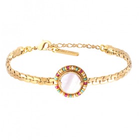 Bracelet Chaîne CLAUDIA doré - Nacre ronde blanche & Perles multicolores - SATELLITE
