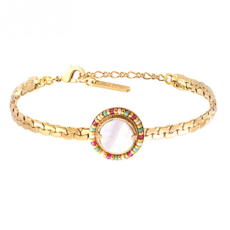 Bracelet Chaîne CLAUDIA doré - Nacre ronde blanche & Perles multicolores - SATELLITE Bracelet Chaîne CLAUDIA doré - Nacre ronde blanche & Perles multicolores - SATELLITE