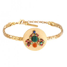 Bracelet Chaîne CLAUDIA doré - Disque Malachite & Perles multicolores - SAATELLITE