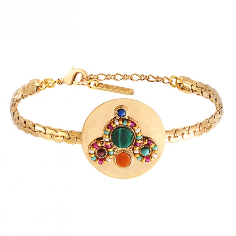 Bracelet Chaîne CLAUDIA doré - Disque Malachite & Perles multicolores - SAATELLITE Bracelet Chaîne CLAUDIA doré - Disque Malachite & Perles multicolores - SAATELLITE
