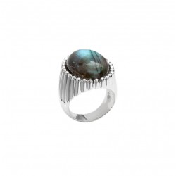 Bague large argent - Anneau design strié & Cabochon Labradorite ovale Canyon Bijoux