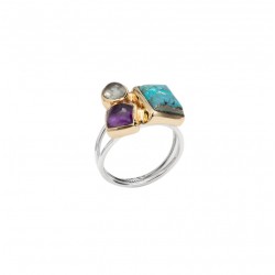 Bague argent doré PAVE - Copper Turquoise & Améthystes CANYON