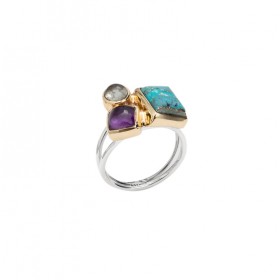 Bague argent doré PAVE - Copper Turquoise & Améthystes CANYON