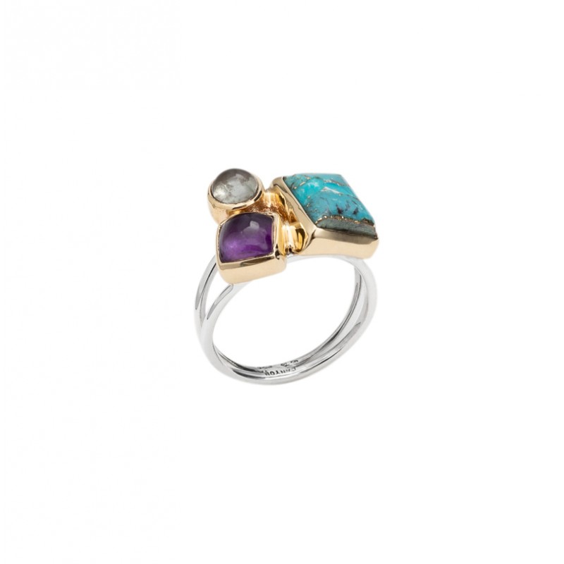 Bague argent doré PAVE - Copper Turquoise & Améthystes CANYON