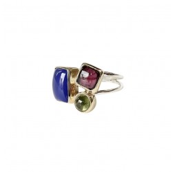 Bague argent doré PAVE - Calcédoine bleue, Grenat & Péridot TAILLE 52