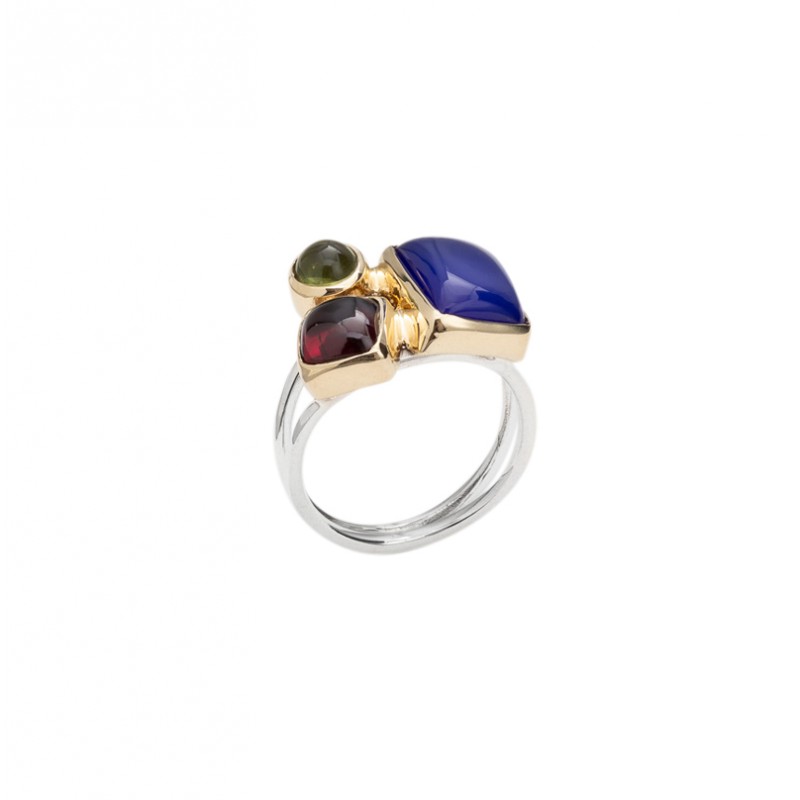 Bague argent doré PAVE - Calcédoine bleue, Grenat & Péridot CANYON BIJOUX