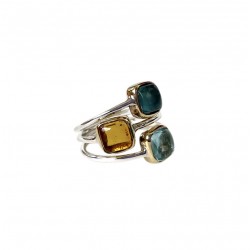 Bague argent doré PAVES carrés - Brandy citrine, Apatite & Topaze bleue CANYON