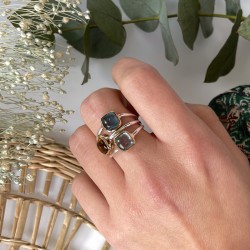 Bague argent doré PAVE carrés - Brandy citrine, Apatite & Topaze bleue TAILLE 52