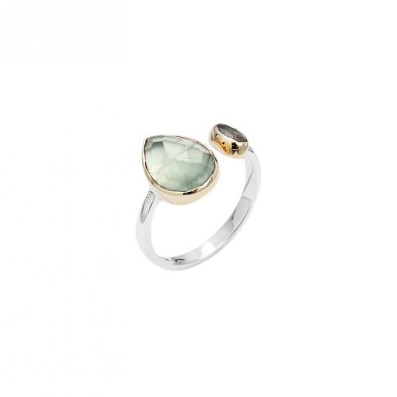 Bague argent doré GOUTTE - Anneau ouvert, Prehnite & Labradorite CANYON