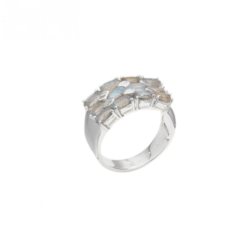 Bague large argent ANTIQUE Pavage rectangle - 12 Labradorites navettes CANYON BIJOUX