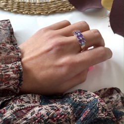 Bague argent ANTIQUE Pavage rectangle - 8 Améthystes navettes TAILLE 54