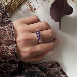 Bague argent ANTIQUE Pavage rectangle - 8 Améthystes navettes TAILLE 54