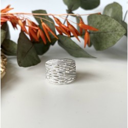 Bague large Argent lisse ARTY - Anneau croisé & mini billes designs TAILLE 56