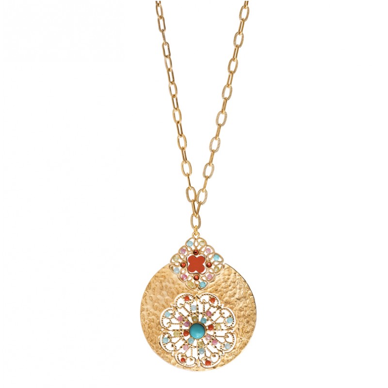 Collier chaîne ANGELIQUE doré Pendentif baroque - Pierres multicolores SATELLITE Collier chaîne ANGELIQUE doré Pendentif baroque - Pierres multicolores SATELLITE