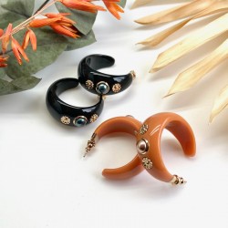 Boucles d'oreilles créoles AMELITA Or - Cabochon nacré & résine noire