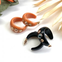 Boucles d'oreilles créoles AMELITA Or - Cabochon nacré & résine noire
