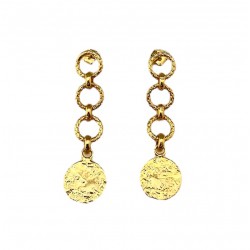 Boucles d'oreilles pendantes PETITE CALI Or - Anneaux striés & Piece antique FABIEN AZJENBERG