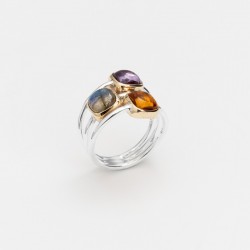 Bague argent doré PAVES carrés - Brandy citrine, Labradorite, Améthyste - CANYON