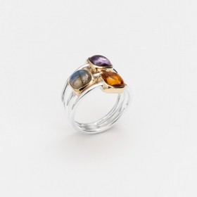 Bague argent doré PAVES carrés - Brandy citrine, Labradorite, Améthyste - CANYON